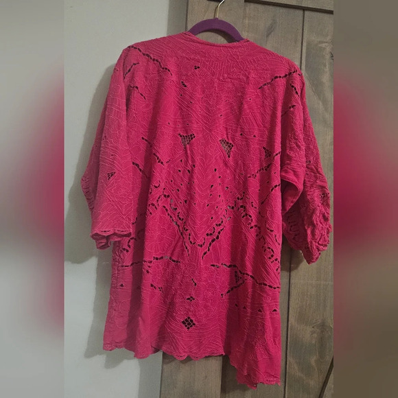 Silky Line Made in Indonesia lace open front kimono top. Pink. OS - Picture 2 of 6